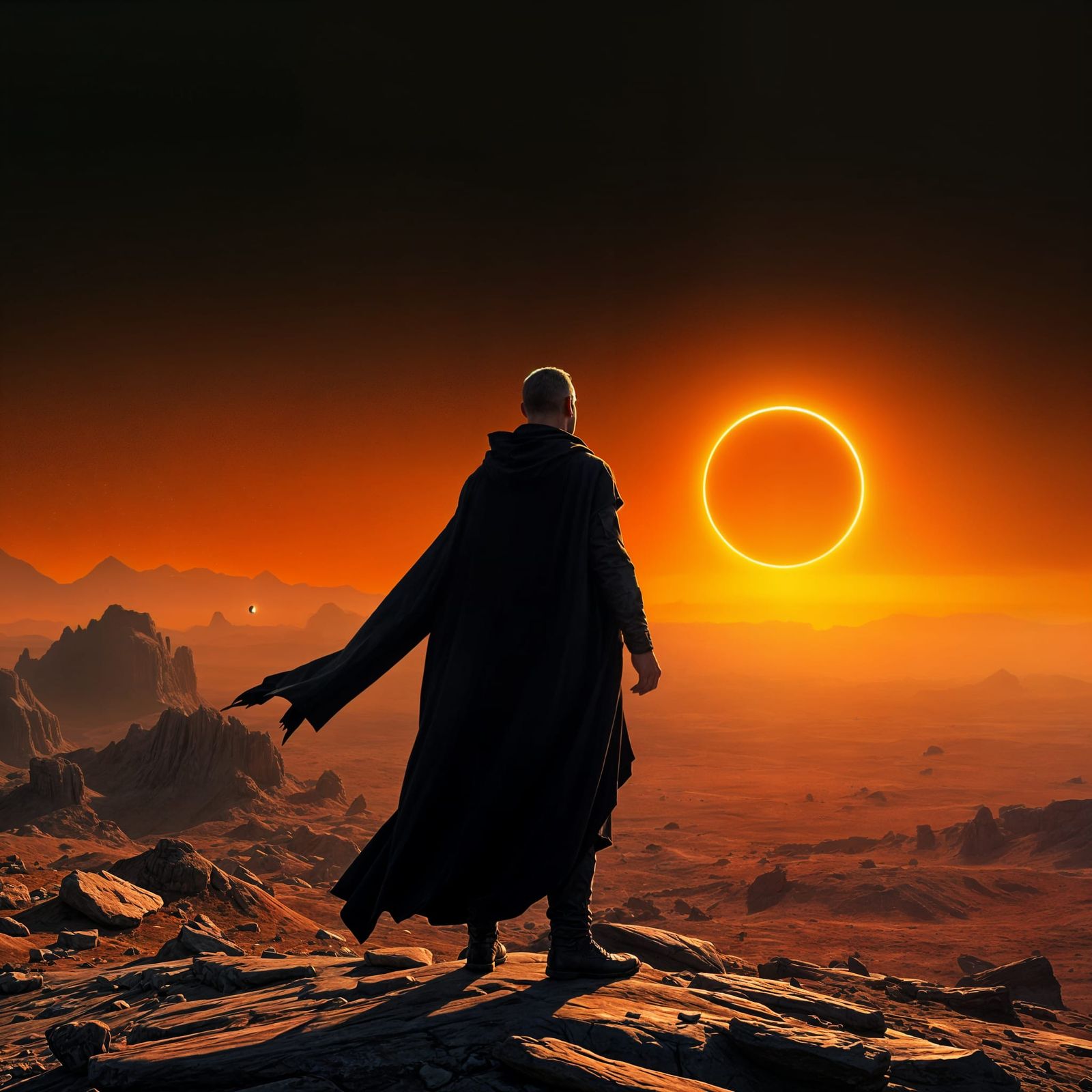 Man in Dark Cloak Standing at Sunset Eclipse