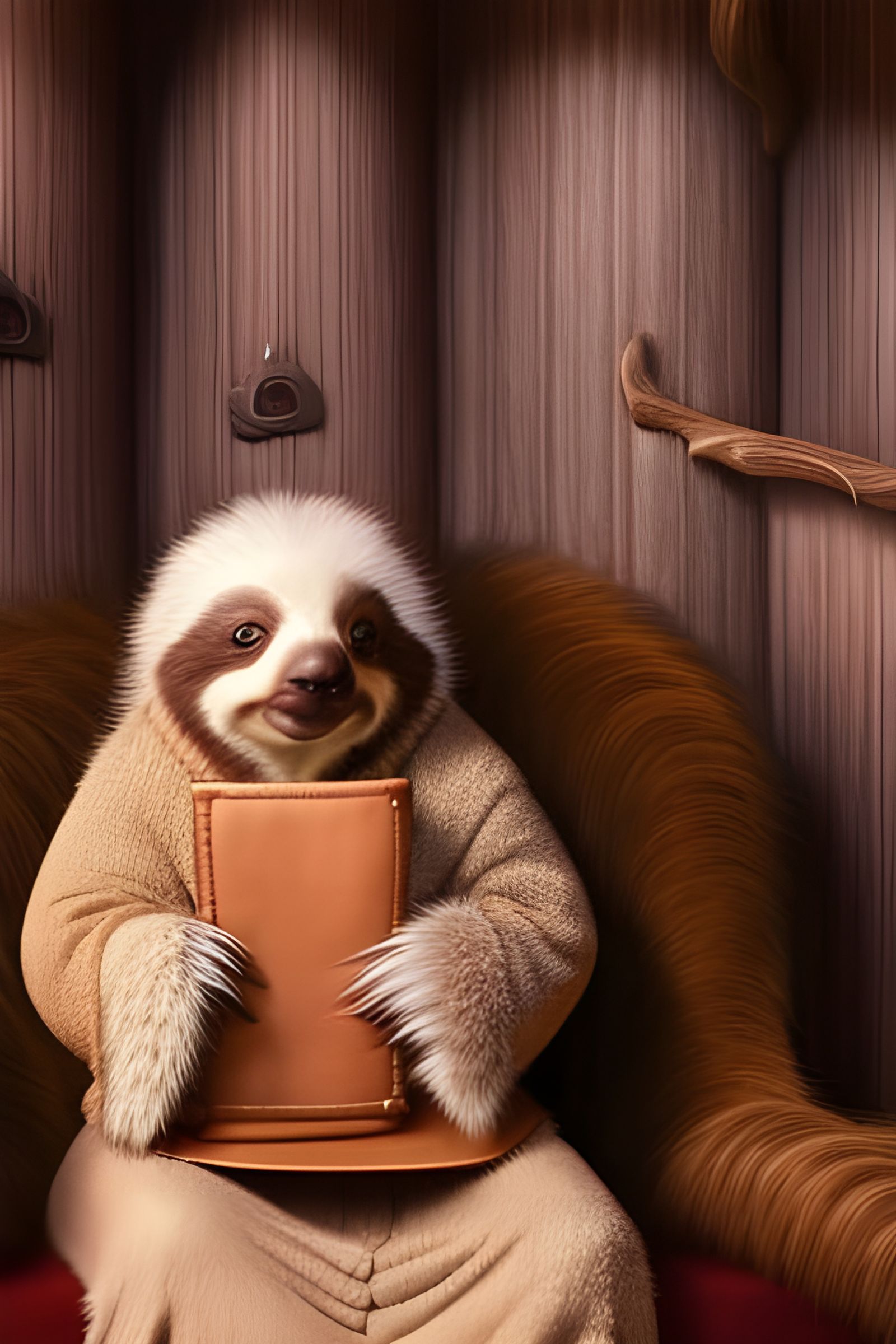 Sloth Writer in Cozy Cottage, Digital Illustration