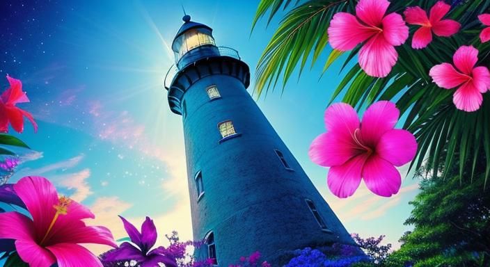 Tropical Lighthouse Under Nebula Sky