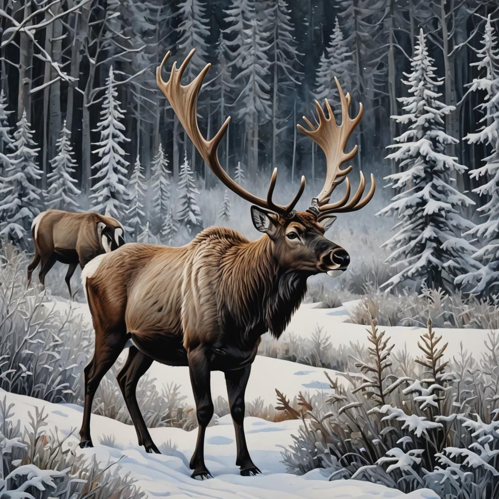 Caribou in Winter Wonderland: Gouache Hyperdetailed