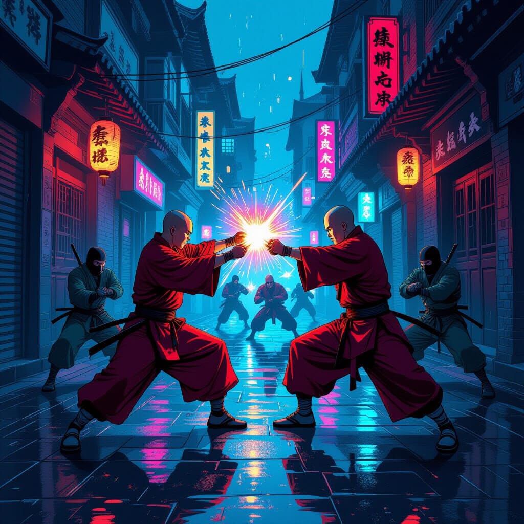 Shaolin Monks vs Ninjas in Retro Comic Book Art