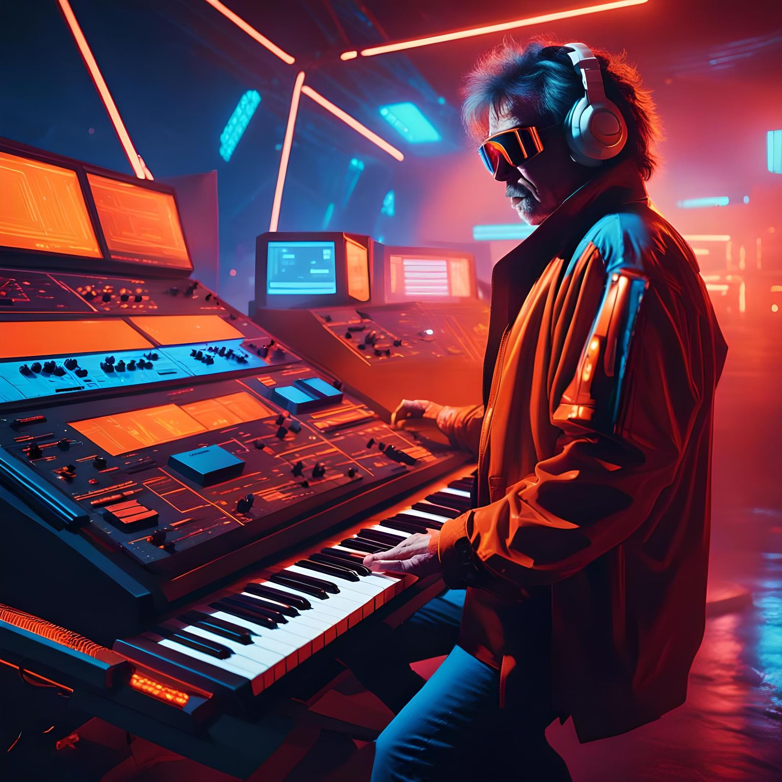 Cyberpunk Album Cover Art with Synthesizer Musician