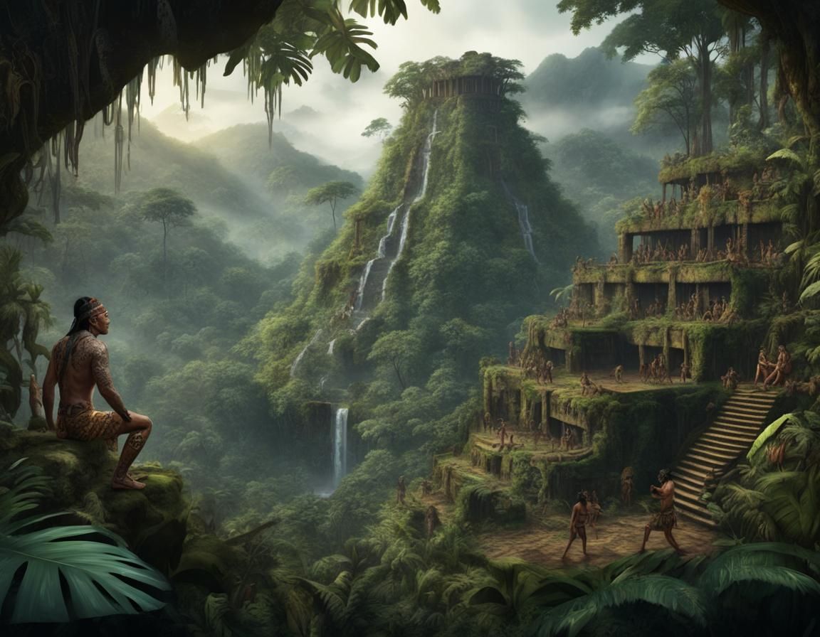 Rainforest People Living with Jaguars: Aztec Matte Painting