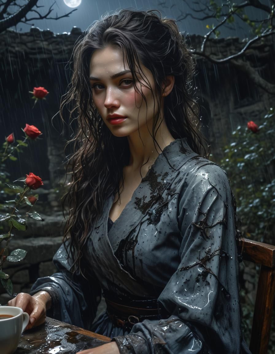 Chiaroscuro Oil Painting: Woman in Rainy Ruins