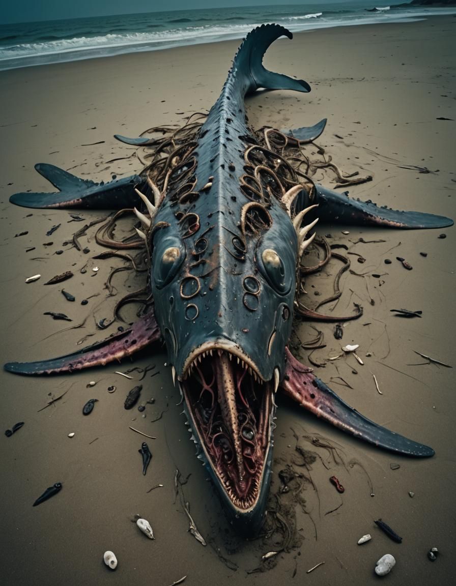 Hyperrealistic Dead Insectoid Whale on Beach