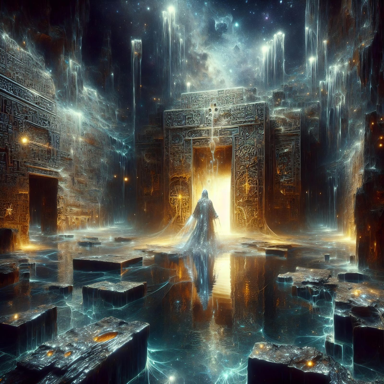 Otherworldly Figure at Molten Chasm, Neo-Noir Style