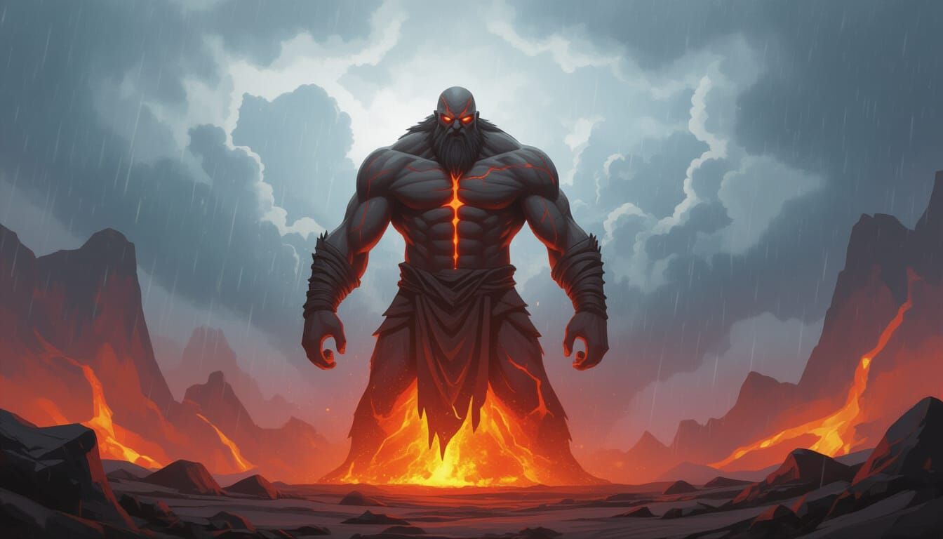 Molten Lava Man in Volcanic Landscape