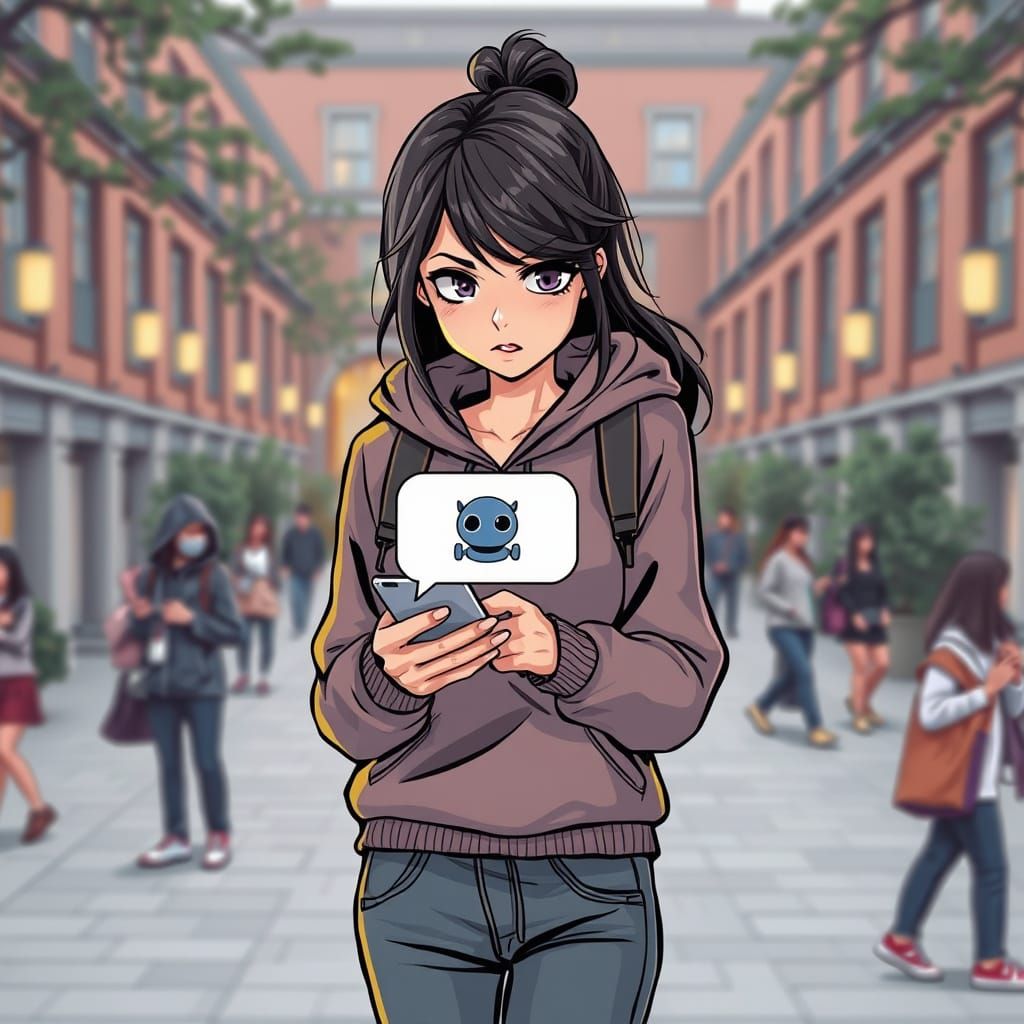 Focused Young Woman on Campus in Semi-Realistic Style