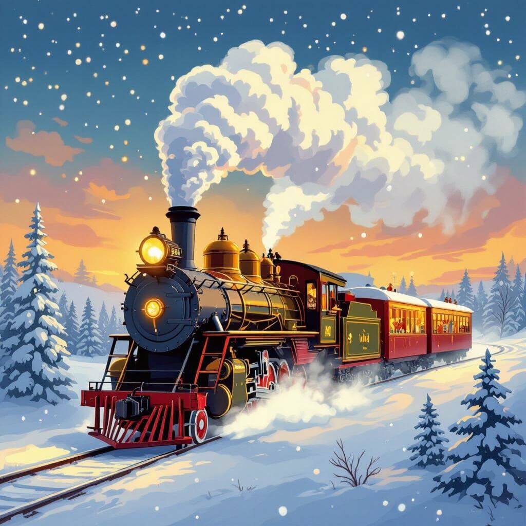 Glowing Christmas Train in Snowy North Pole Landscape