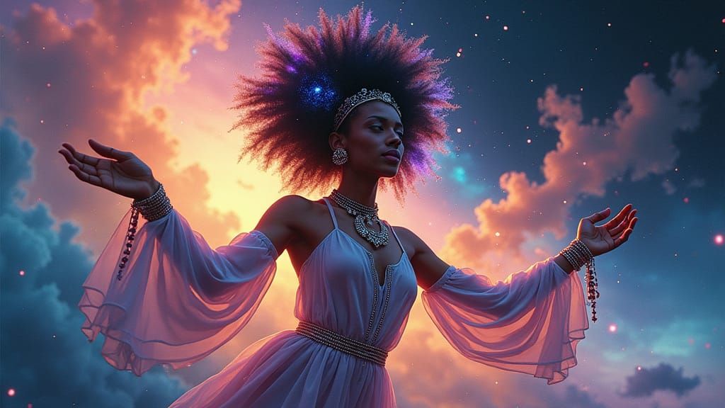 Holographic Astral Woman with Celestial Afro
