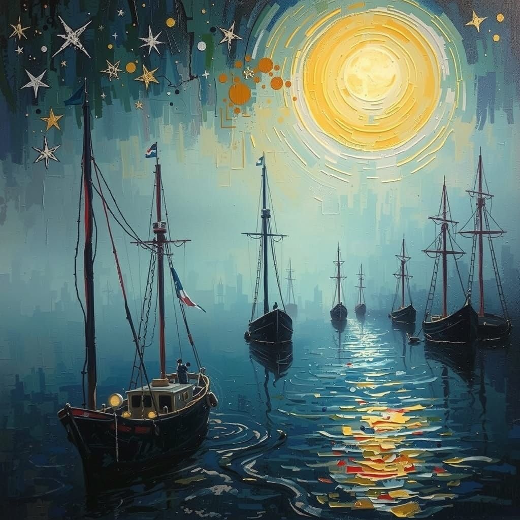 Foggy Night Port Scene in Neo-Impressionist Style