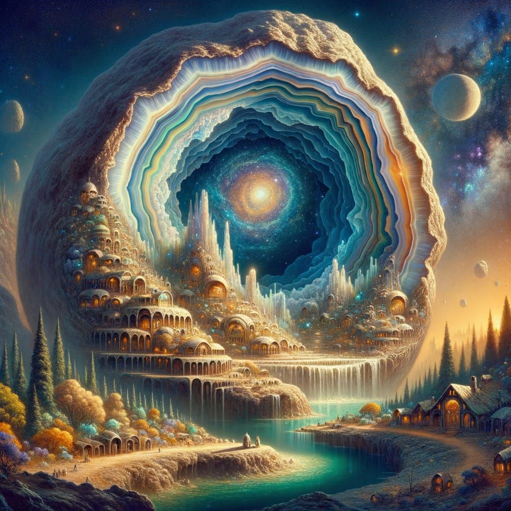 Alien Geode Village in Hyperrealistic Cosmic Art Style