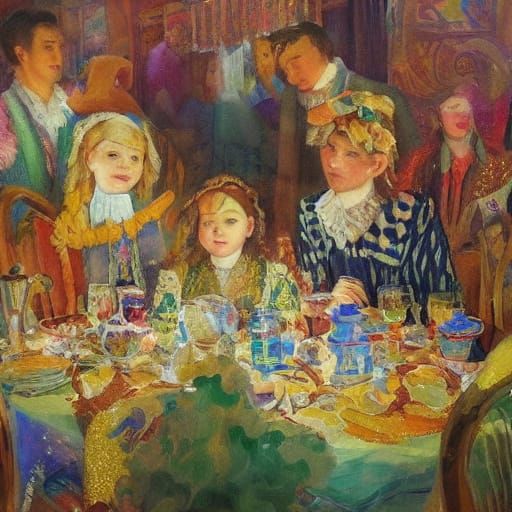 Whimsical Rabbi's Daughter in Sequins and Glitter, Eating Du...