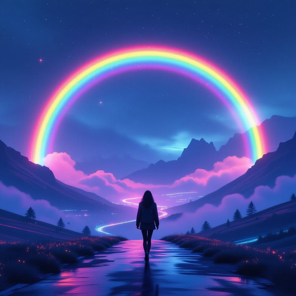Woman Under 3D Rainbow in Neon Valley