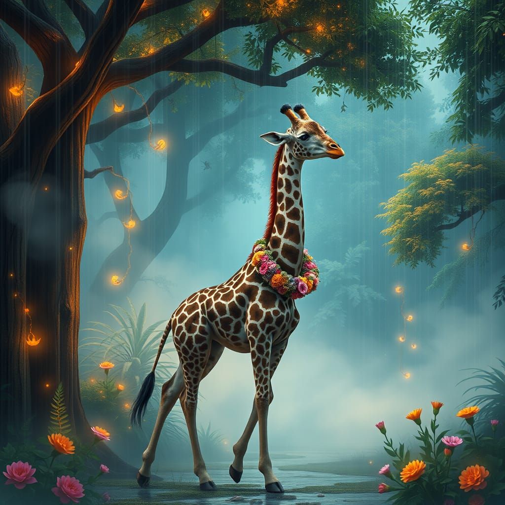Two-Headed Giraffe in Dreamlike Rainforest