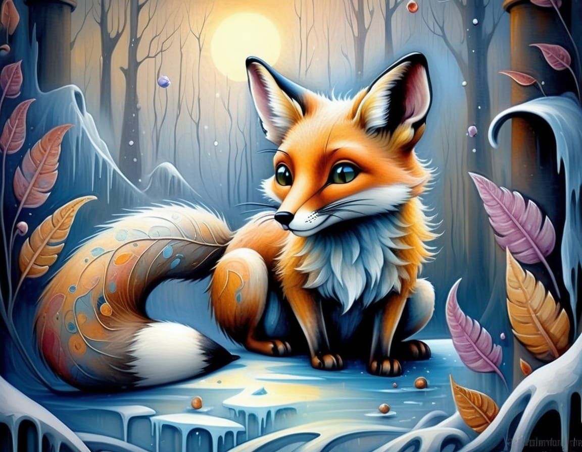 Fox in Winter Snowfall: Neo-Impressionist Oil Painting