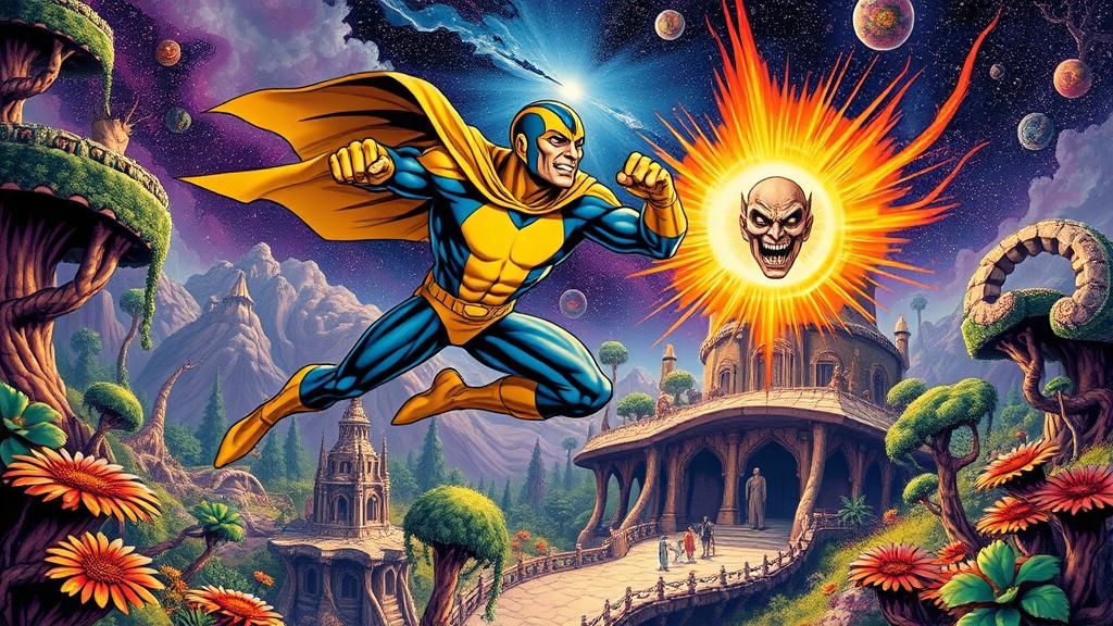 Superhero Comic Book Panel on Alien Planet