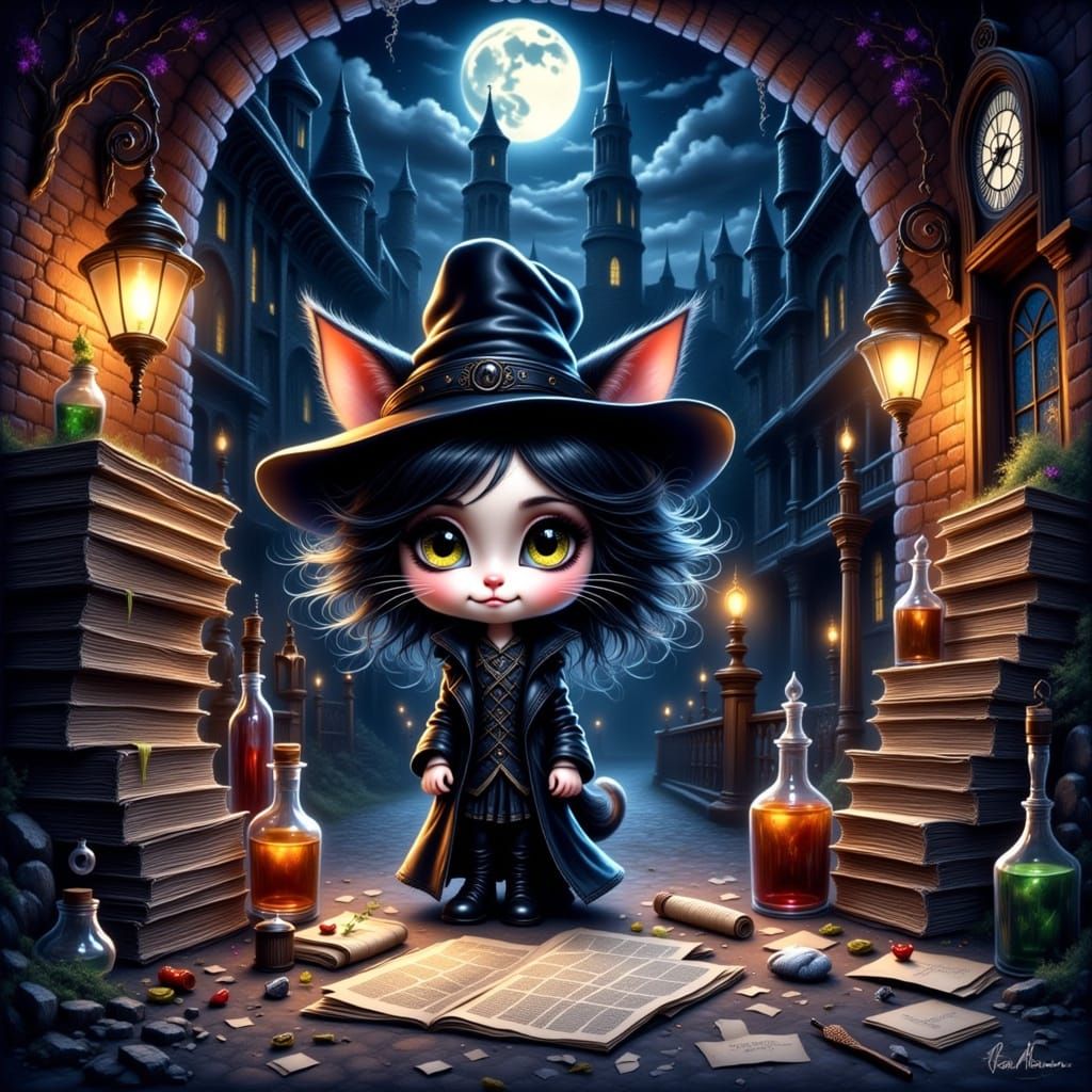 envision a cartoon cat detective wearing a trench coat and fedora,