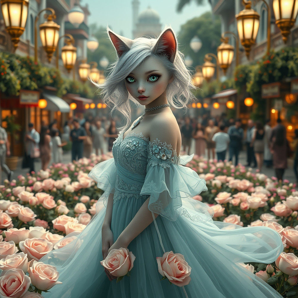 Cat Girl in Rose Garden: High-Fantasy Concept Art