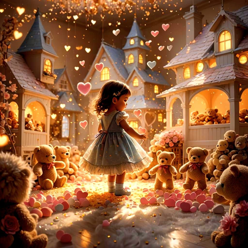Baby Girl Playing with Teddy Bears in Fantasy Style