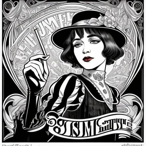 Art Nouveau Flapper Portrait in Black and White