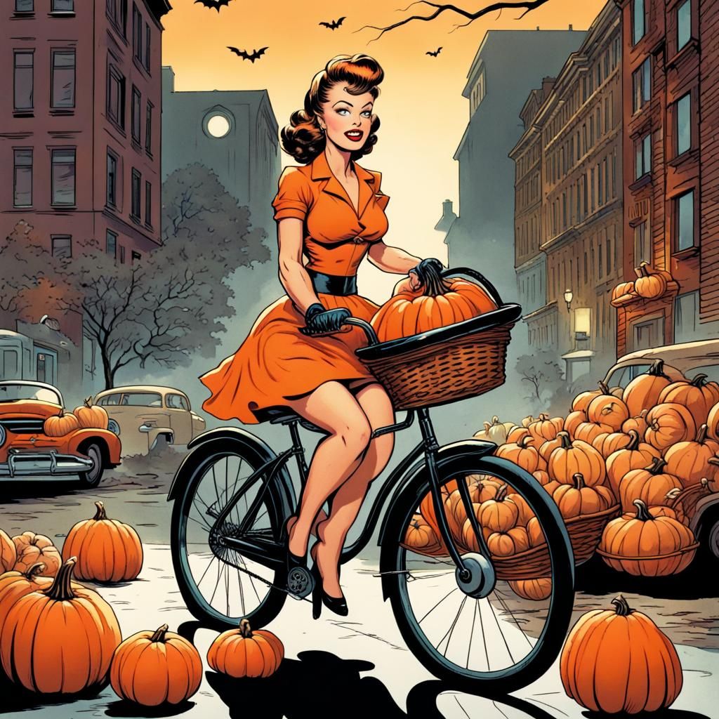 1950s Halloween Pinup Girl on Bike