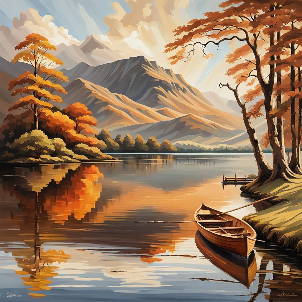 Derwentwater Lake: Autumnal Oil Painting in 1950s Style