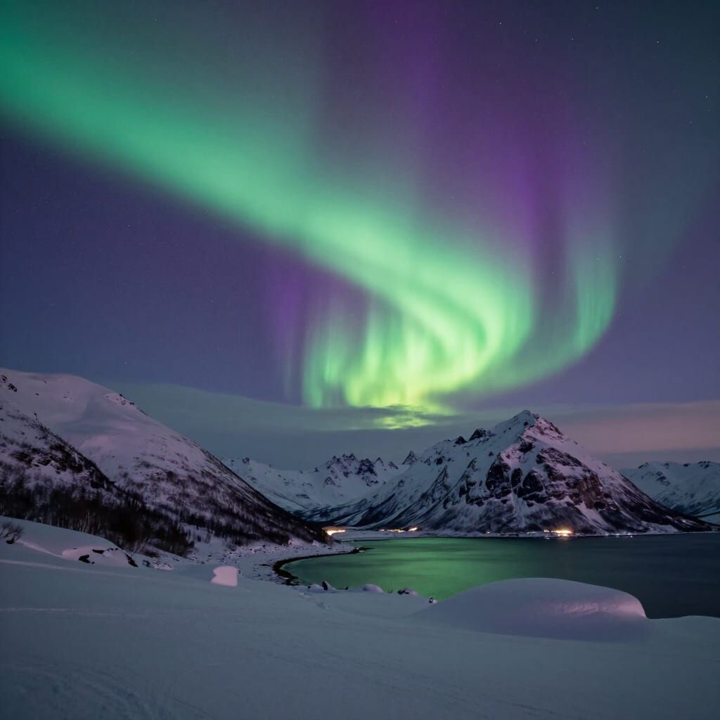 Vibrant Aurora Borealis Over Snowy Mountains in Alaska