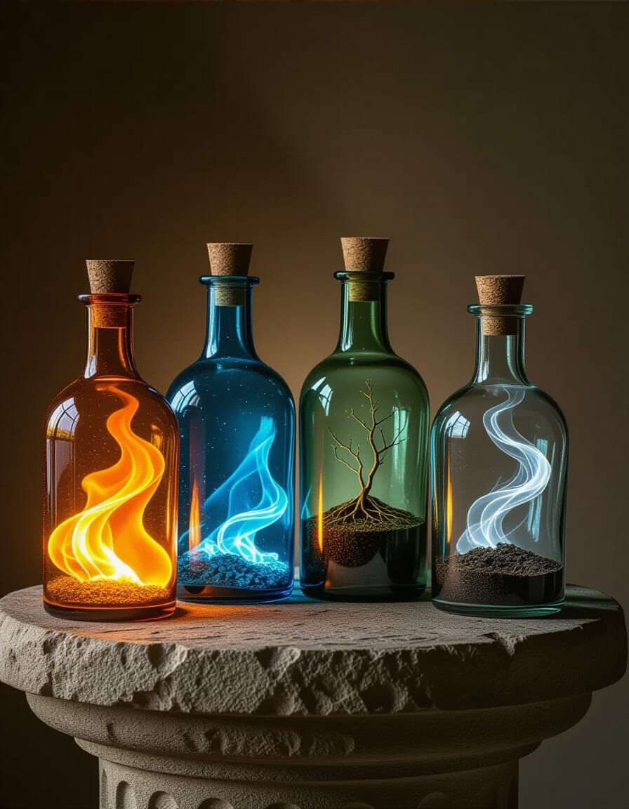 Four Elemental Potion Bottles on Stone Pedestal