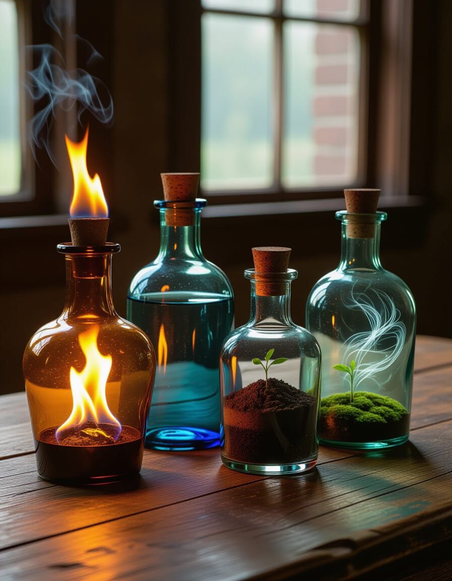 Four Elemental Potions in Antique Bottles