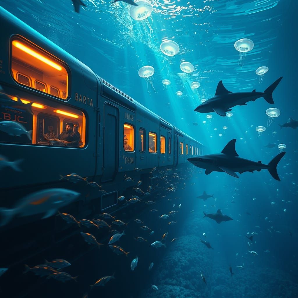 Futuristic Underwater Train Journey Through Deep Ocean