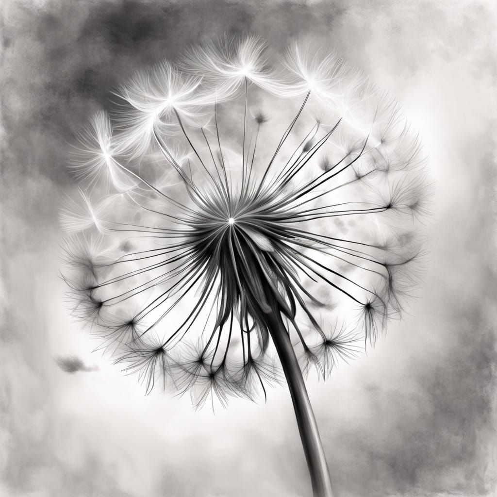 Whimsical Dandelion Dancing in the Breeze, as Line Art Maste...