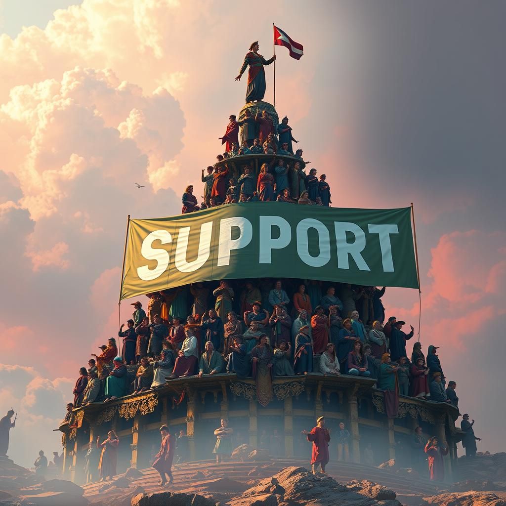 Towering Human Pyramid Holding 'SUPPORT' Banner