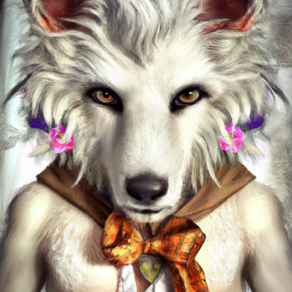 Anthropomorphic Sheepdog in Victorian Gown, Detailed Digital...