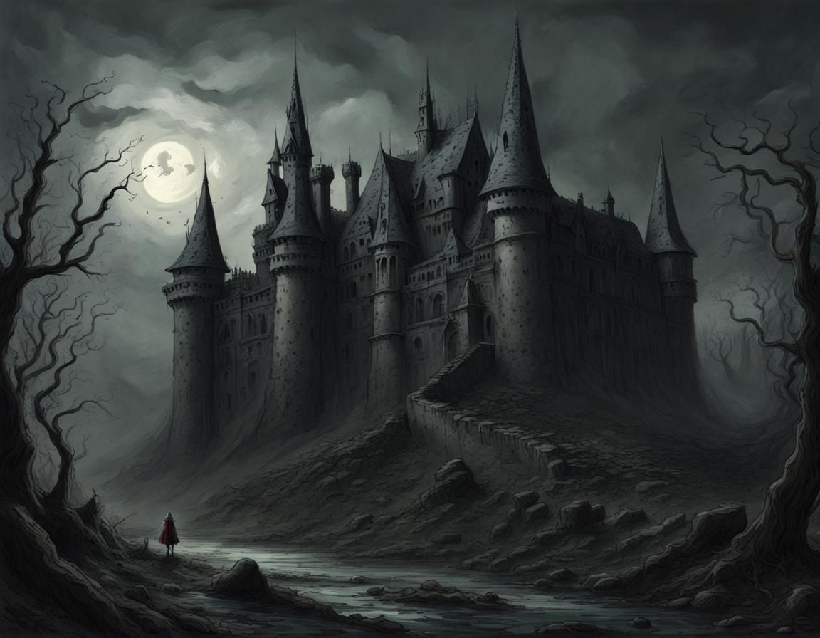 Whimsical Dark Abandoned Castle, Horror Illustration