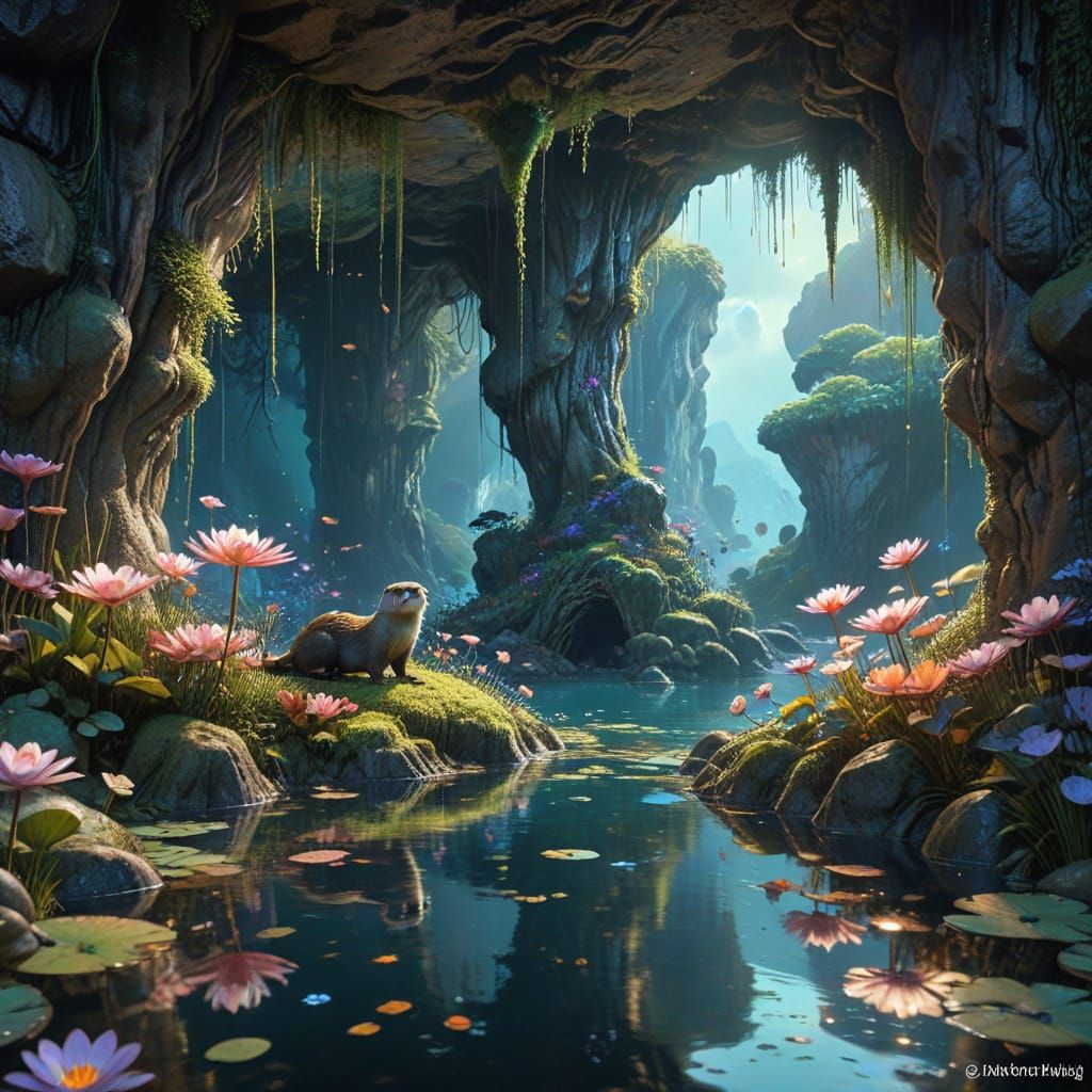 River Otters in a Bioluminescent Grotto Scene