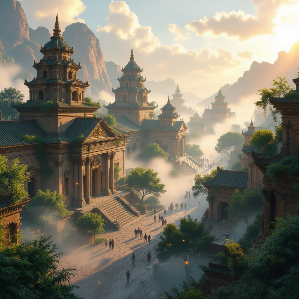 Ancient City in Ethereal Mist, Cinematic Lighting