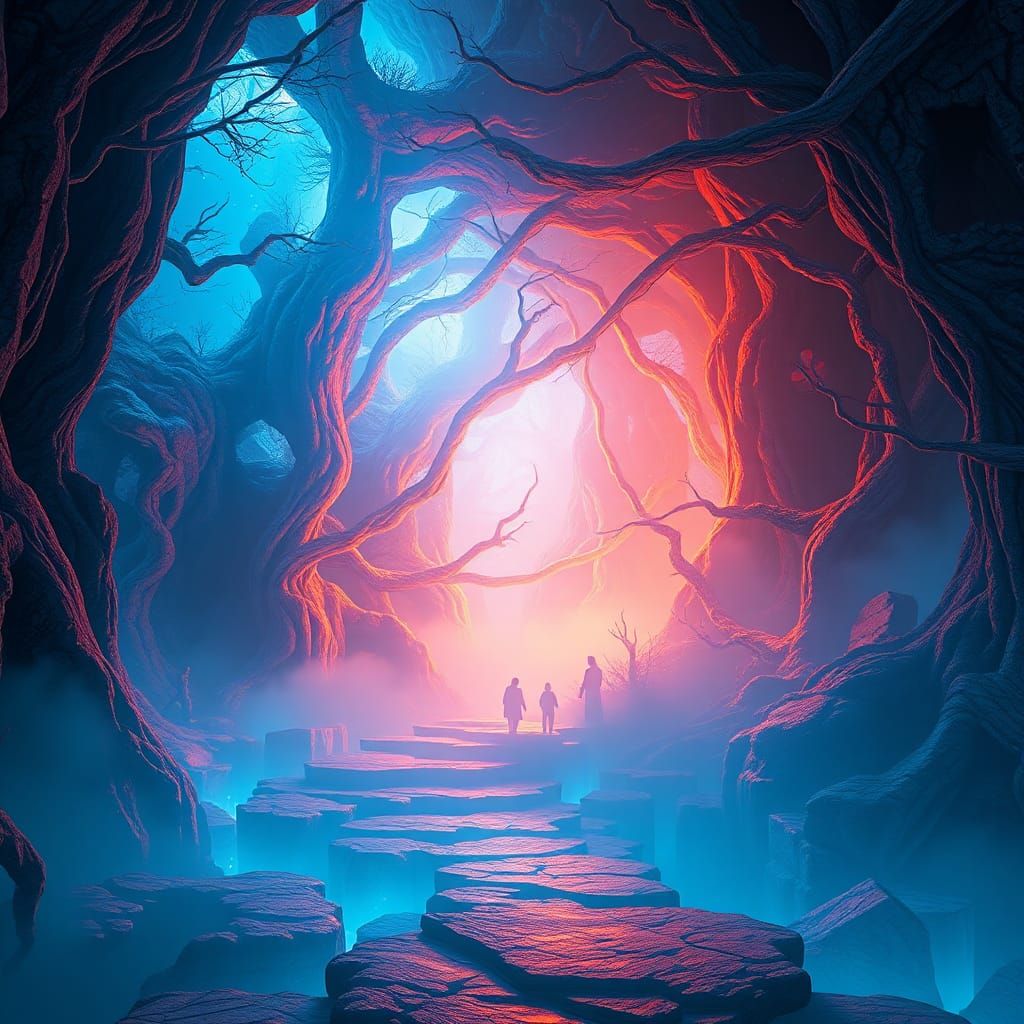 Mystical Realm Illuminated with Blue and Orange Hues