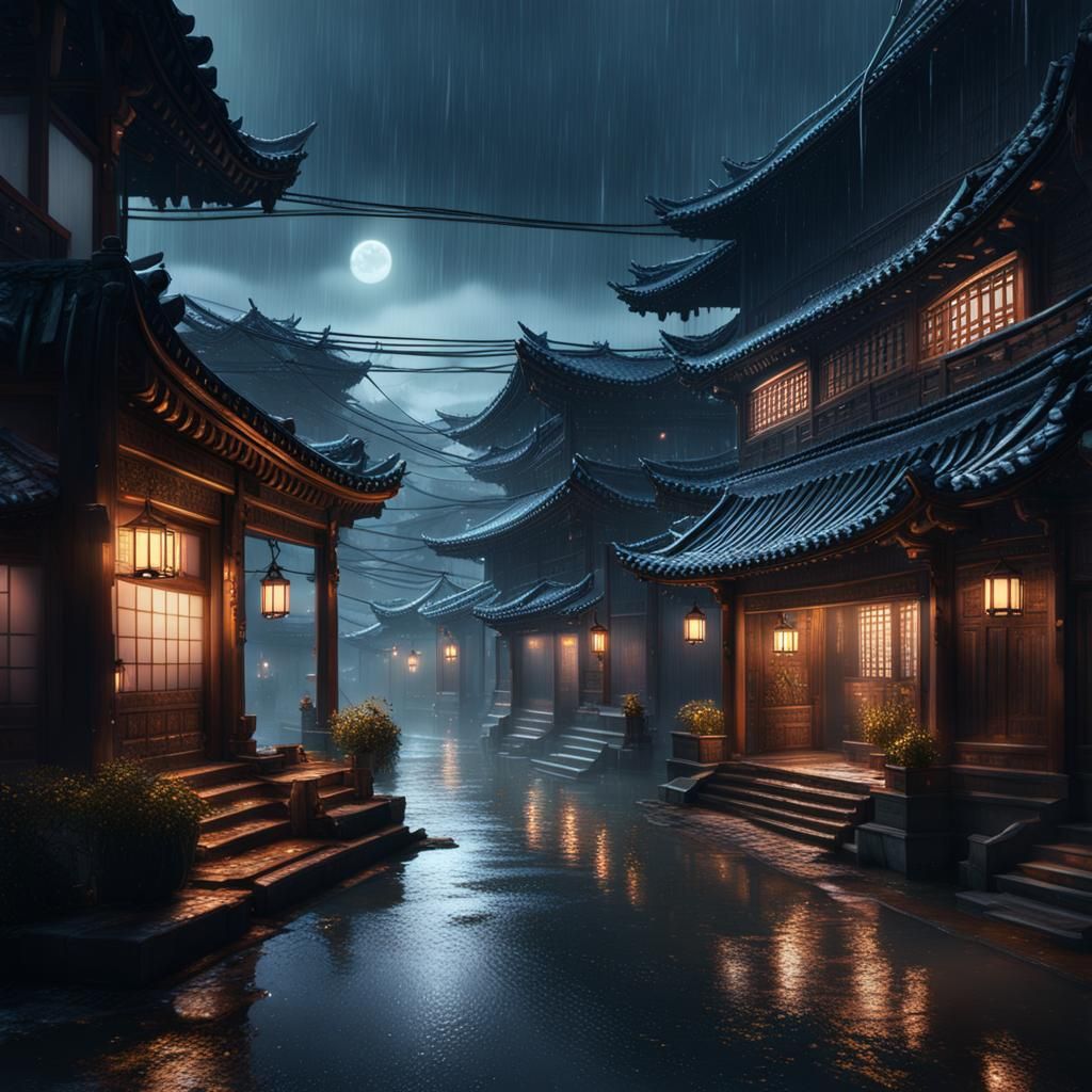 Rainy Night in Korea: Detailed Matte Painting