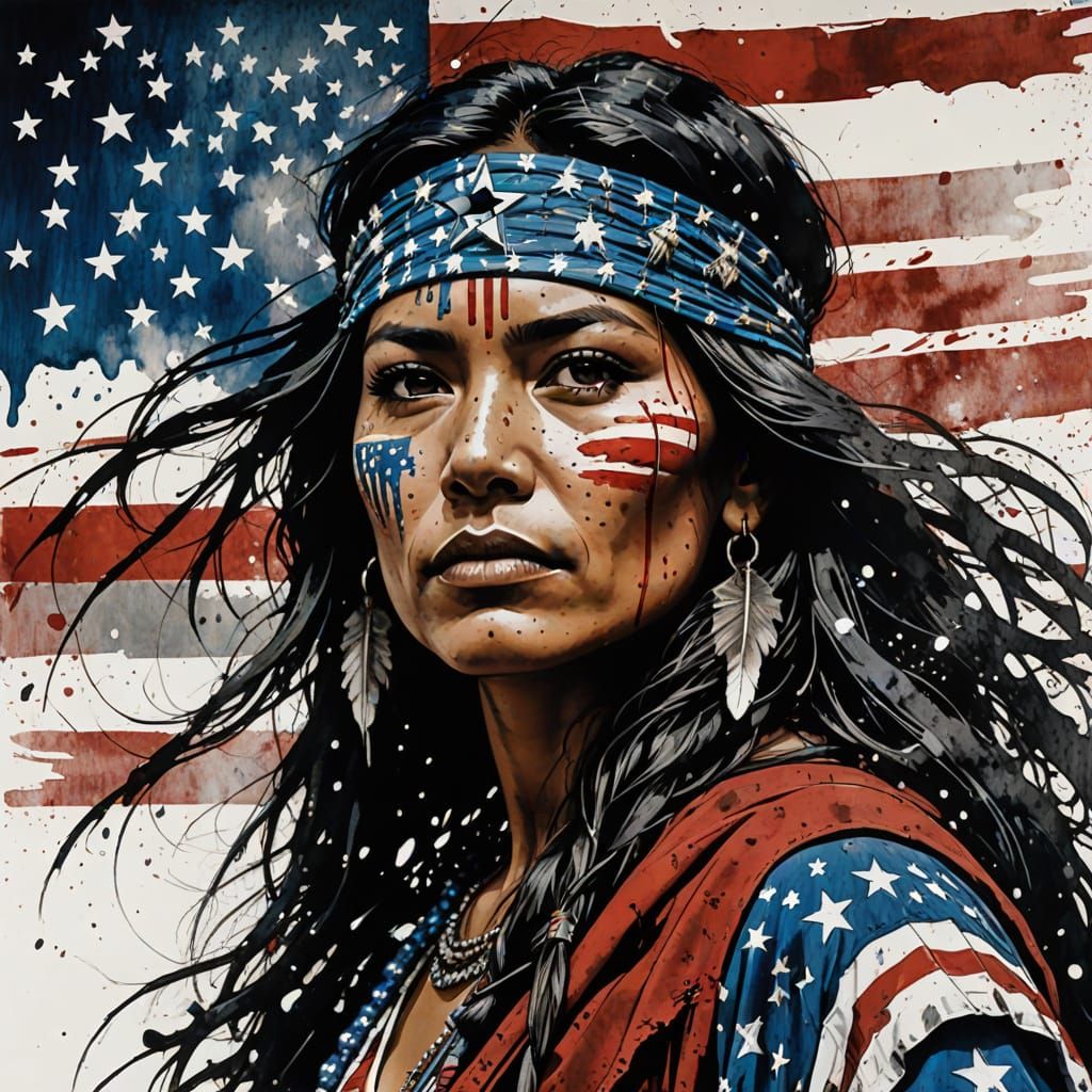 Native American Woman Double Exposure Ink Art