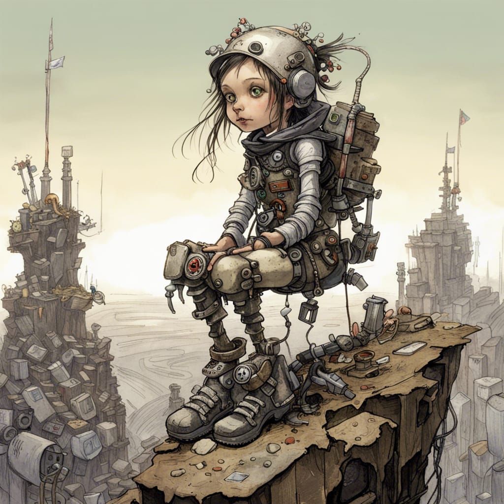 Robot-Girl on Trash Cliff in Post-Apocalyptic World