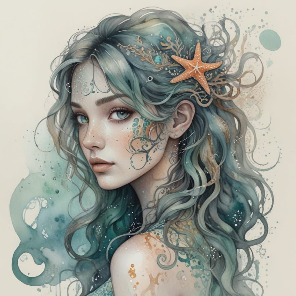 Watercolor Mermaid Portrait with Coral and Seaweed