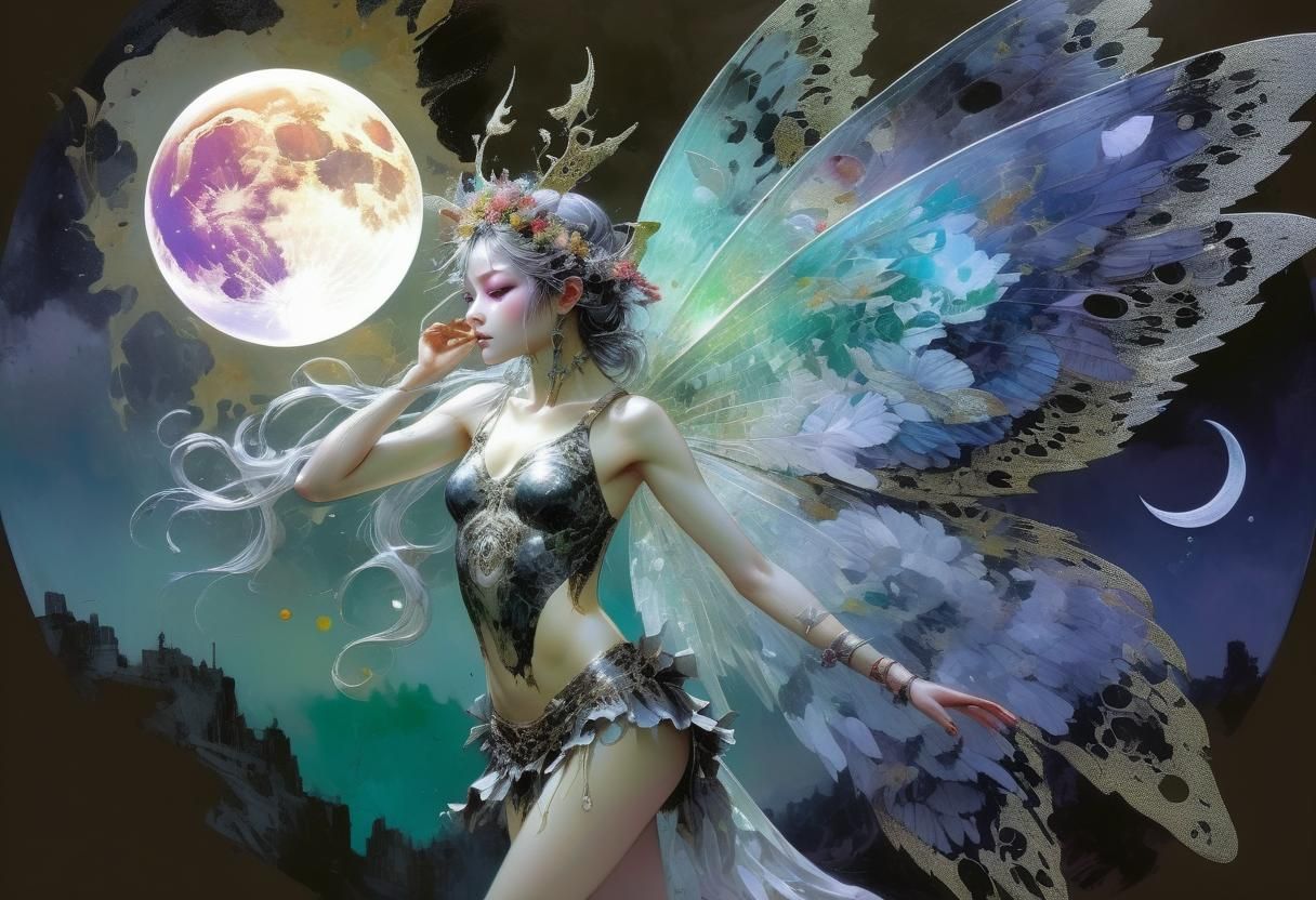 Bioluminescent Moon Fairy in Ethereal Double Exposure Collag...