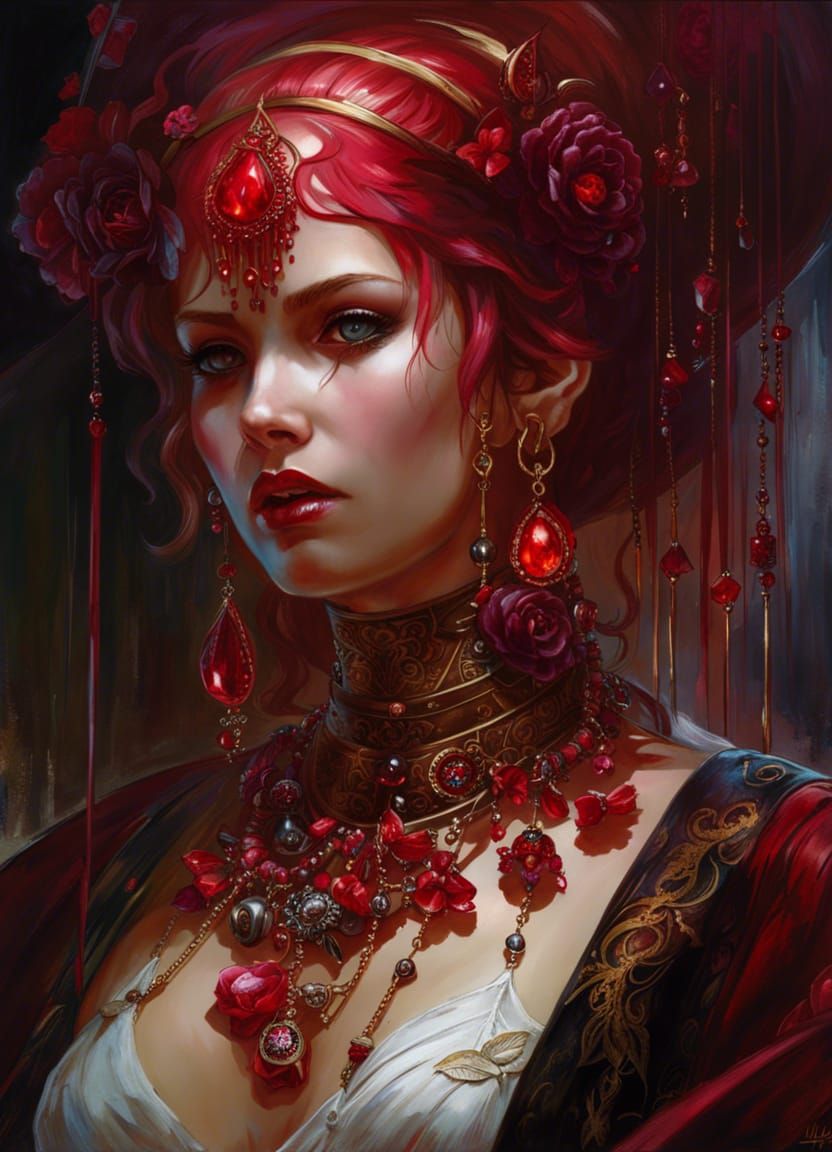 Macabre Portrait: Woman Bleeding Rubies, Digital Art