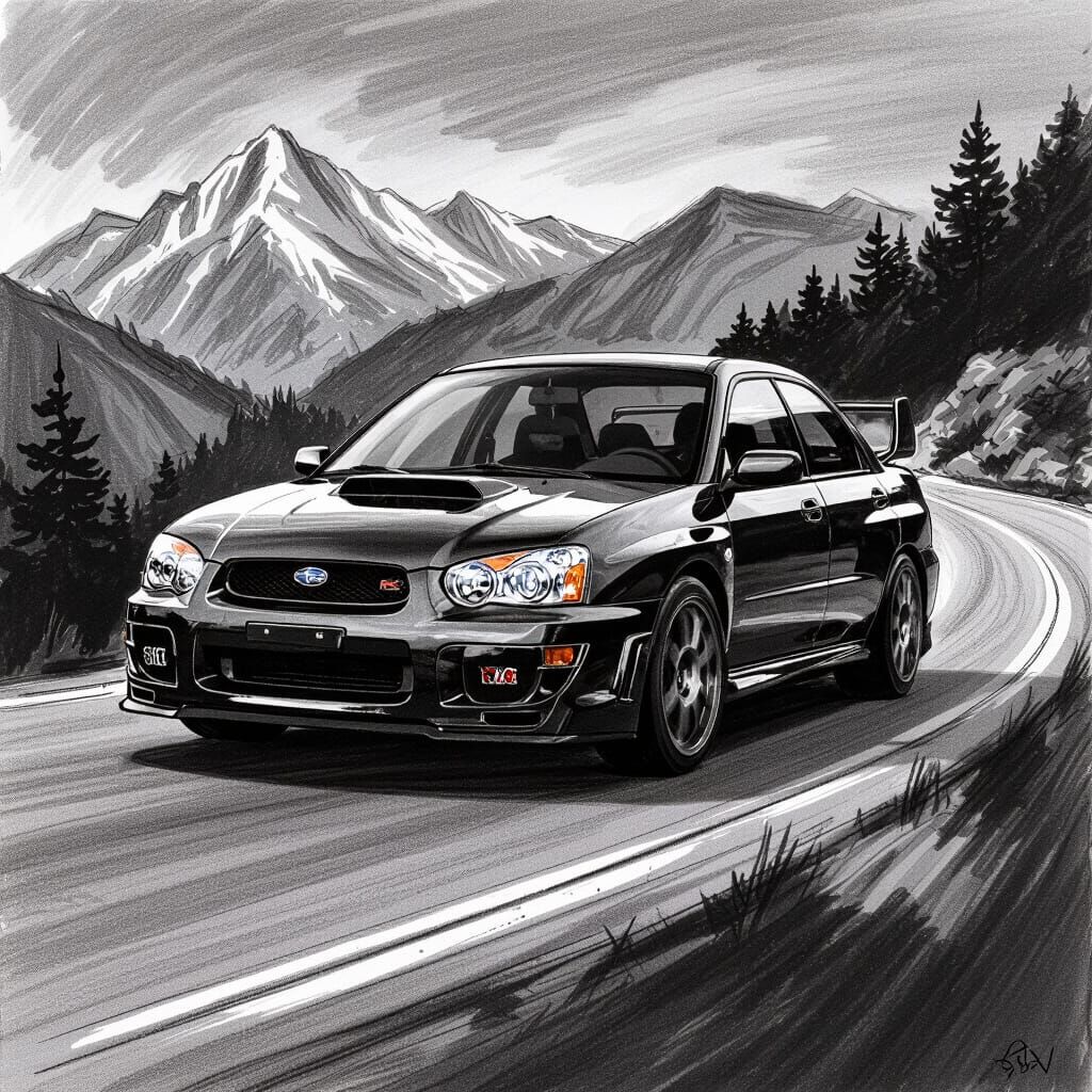 Hyperdetailed Charcoal Drawing of a Bugeye Subaru WRX