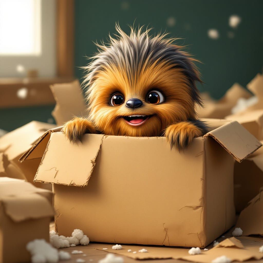 Adorable Baby Chewbacca Portrait in Cardboard Box