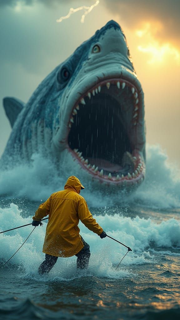 Fisherman Battles Colossal Sea Monster in Stormy Ocean