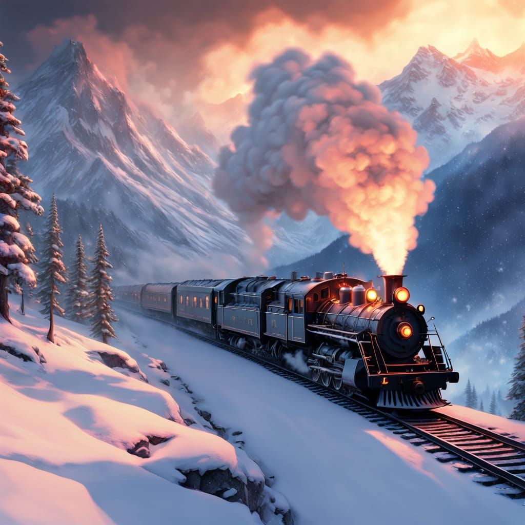 Majestic Steam Train Battles Blizzard in Snowy Mountains