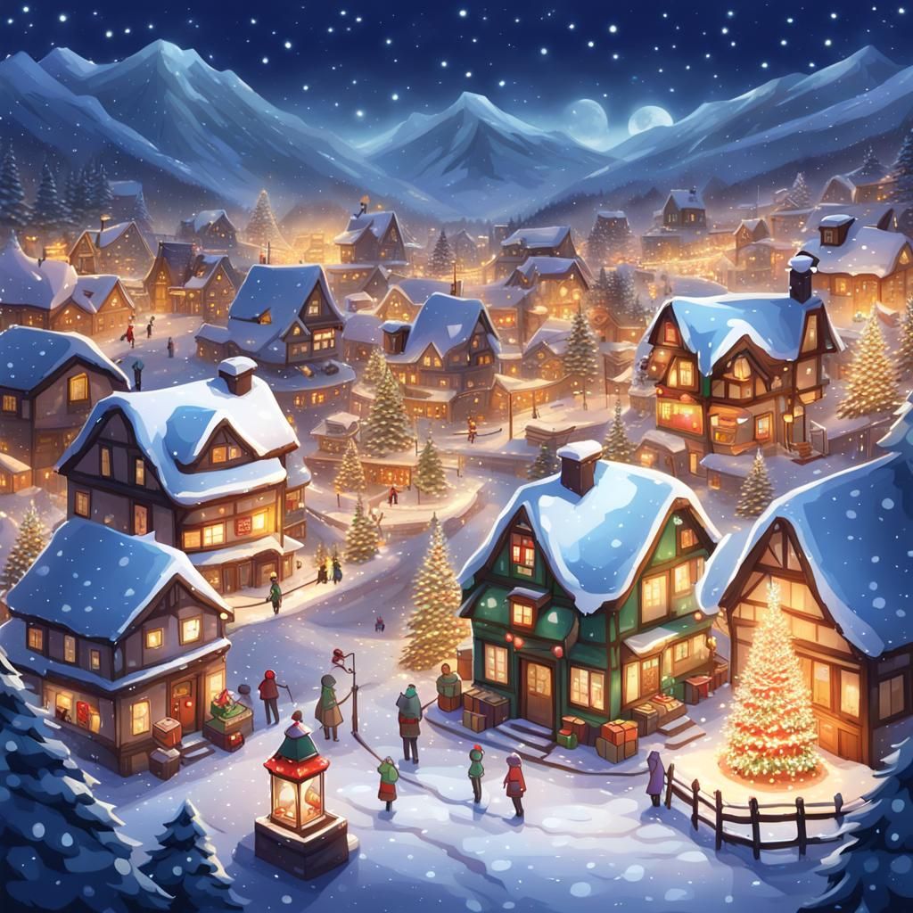 Cozy Christmas Village in Anime Style