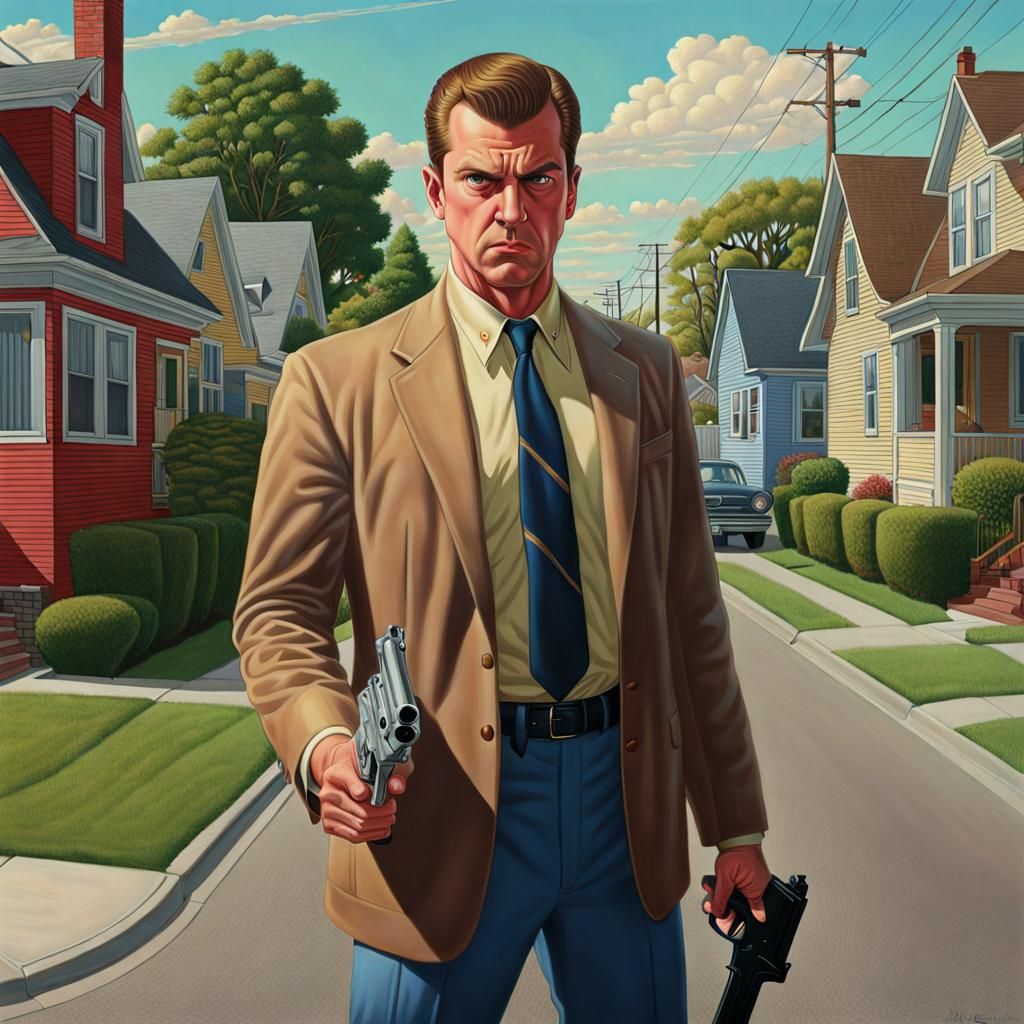 A angry man with a gun in the middle of a suburban street